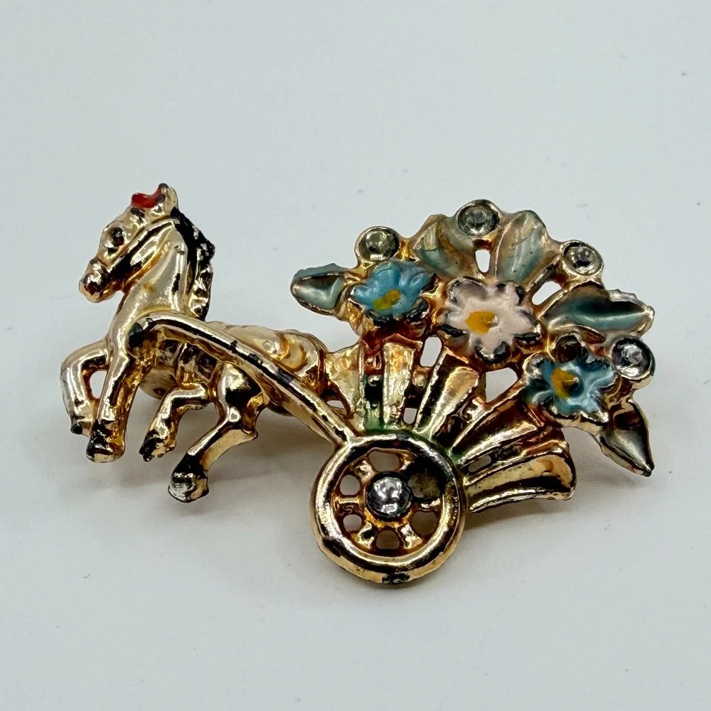 Vintage Gold Tone Horse and Flower Carriage Brooch Enamel Rhinestone Pin Retro
